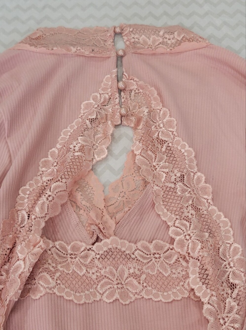 Forever 21 Dusty Pink Lace-Trim Ribbed Bodysuit Size Large - Picture 7 of 10